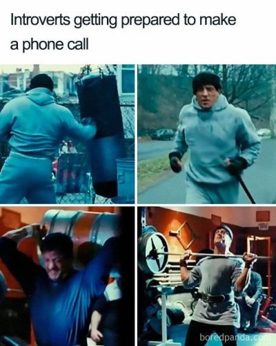 میم خنده دار انگلیسی - Introverts getting prepared to make a phone call - Rocky training meme